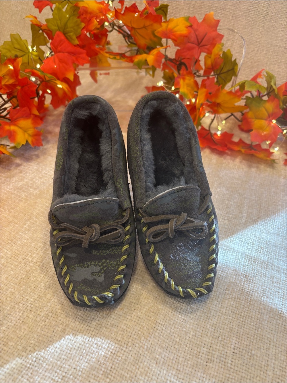 L.L. Bean Kids Charcoal Gray Moccasin Slippers with Lime Stitching